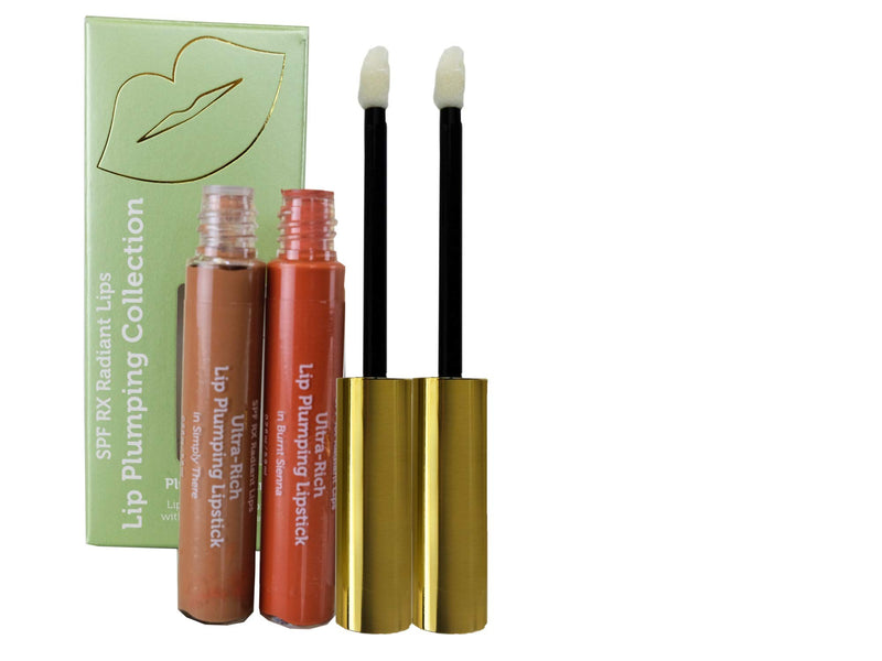 Lip Plumping Color Set: 2 Lip Plumping Lipstick in Vivid Matte Colors (in Burnt Sienna & Simply There Nude); Each w/Plumping Peptides & Hyaluronic - 2pack (1 of each 0.17oz application wand bottles) 2 Pack BurntSienna/SimplyThere - BeesActive Australia