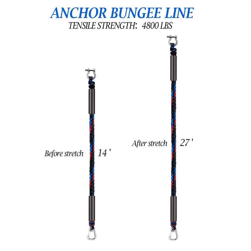 Boat Anchor Bungee Dock Line - PWC Buddy Rope Stretches 14-27ft for Jet Ski, Kayak, Quick Docking with Stainless Steel Clip, Built-in Snubber - BeesActive Australia