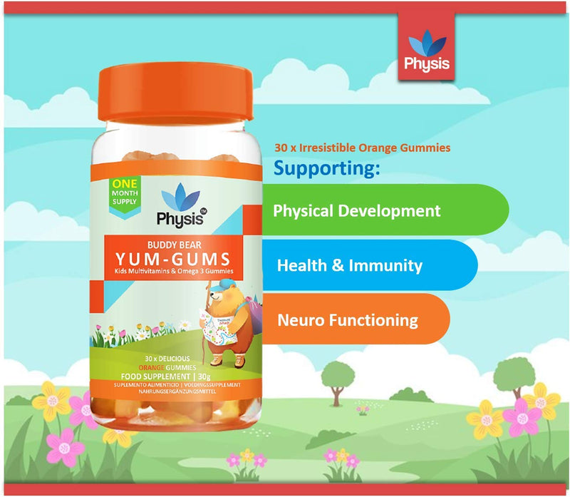 Physis Kids Multivitamin Gummies | Ages 2+ | 30 Orange Flavour Chewable Vitamin with Vitamins C, D, Omega 3 & More | Kids Vitamins Chewies for Cognition, Energy & Support Growth | Children's Vitamins Buddy Bear Yum-Gums - BeesActive Australia