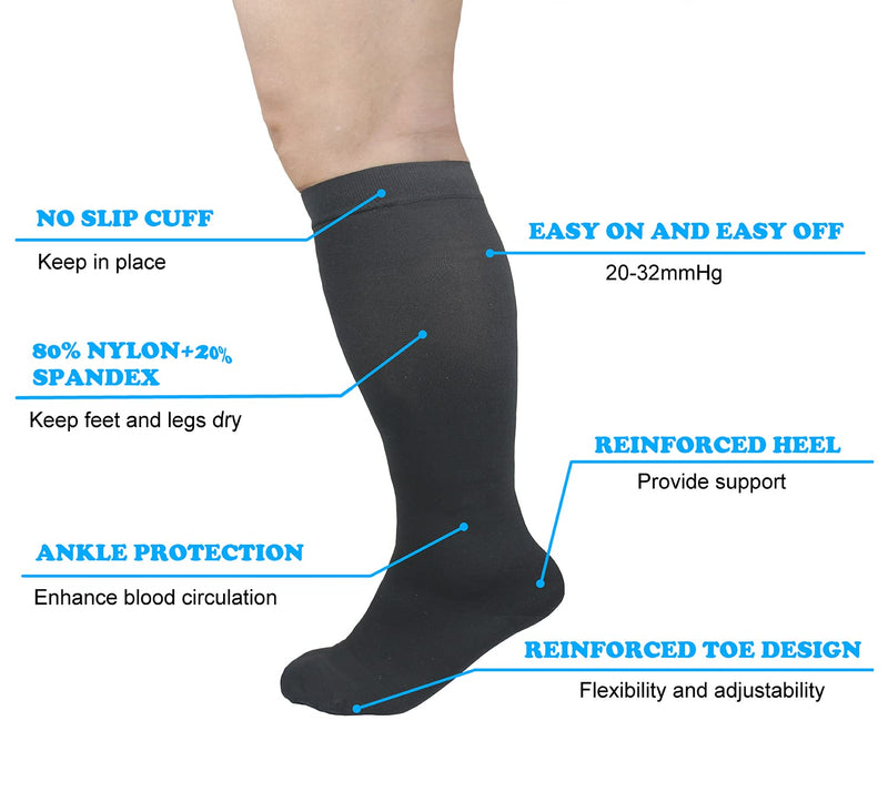 Compression Socks for Men and Women 20-30 mmHg Nursing Athletic Travel Flight Socks Shin Splints Knee High - Black L - BeesActive Australia
