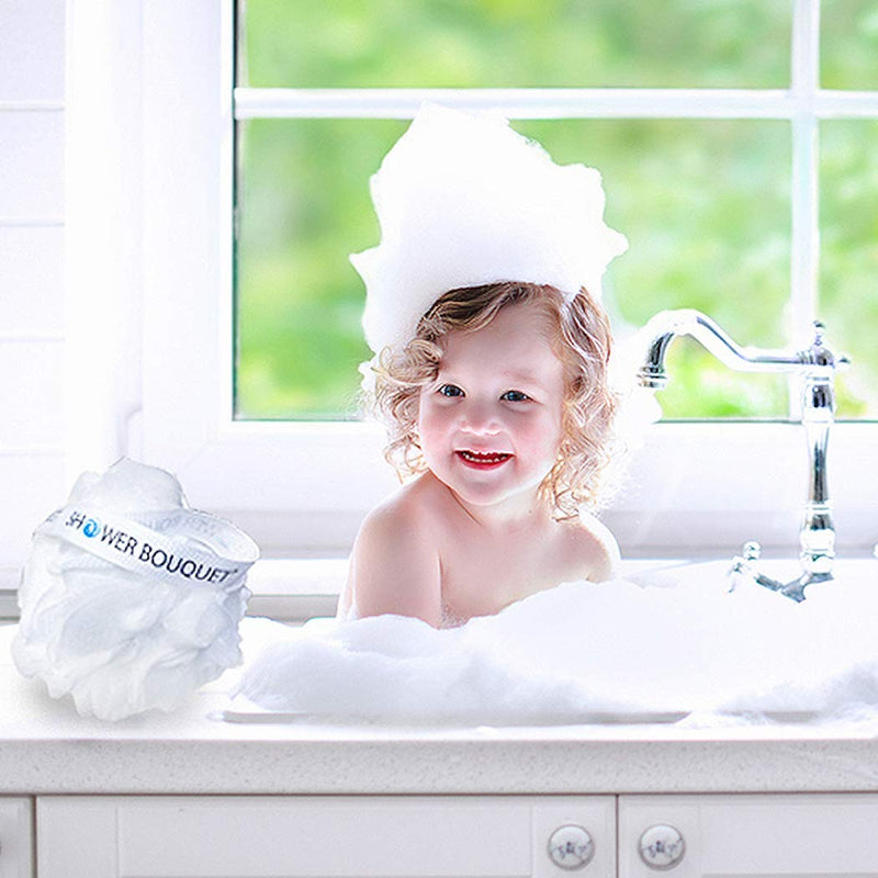 Loofah Soft-White-Cloud Bath-Sponge XL-75g-Set by Shower Bouquet: 4 Pack, Extra Large Mesh Pouf for Men and Women - Exfoliate with Big Gentle Cleanse Scrubber in Beauty Bathing Accessories Bright White, Color-coded Ribbons - BeesActive Australia