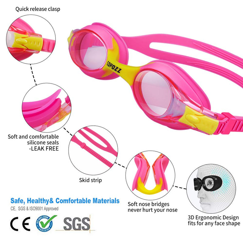 COPOZZ Kids Swimming Goggles, Child Swim Goggles Anti Fog UV for Kids Toddler Hot Pink - BeesActive Australia