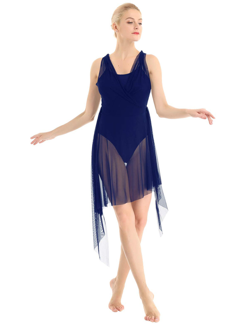 [AUSTRALIA] - ACSUSS Lyrical Women Adult Dance Dress Leotard Mesh V Neck Dancewear Flowy High Low Skirt Navy_blue Medium 