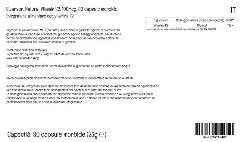 Swanson, Vitamin K2 (Menaquinone MK-7), 100mcg, 30 Softgels, Highly Dosed, Lab-Tested, SOYA Free, Gluten Free, Non-GMO - BeesActive Australia