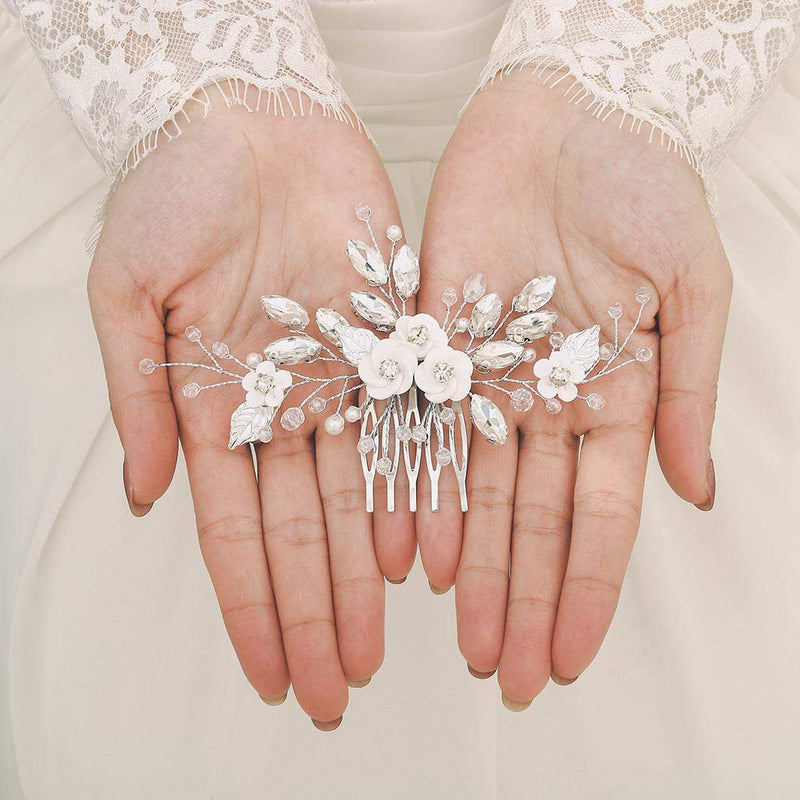 Edary Bridal Wedding Flower Hair Comb Silver Rhinestone Bridal Headpiece Pearl Hairclips Crystal Hair Accessories for Women and Girls (Silver 1) - BeesActive Australia