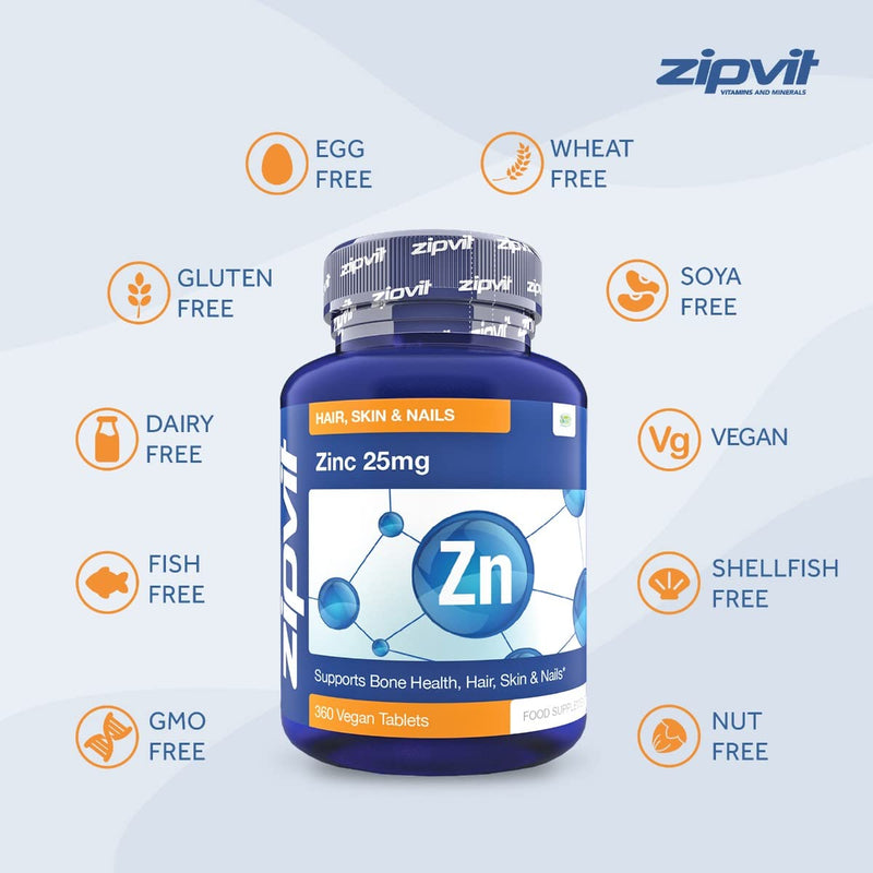 Zinc 25mg, 360 Vegan Tablets. Hair, Skin & Nails. Supports The Immune System, Bone Health & Cognitive Function - BeesActive Australia