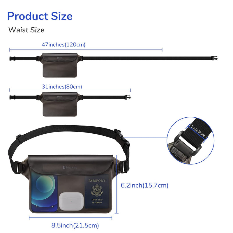 Syncwire IPX8 Waterproof Pouch Bag with Adjustable Waist Strap-Screen Touchable Dry Bag with Adjustable Belt for Phone Valuables for Beach Swimming Snorkeling Boating Fishing Kayaking, etc Black +White - BeesActive Australia