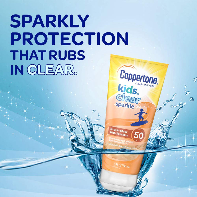 Coppertone Kids Clear Sparkle SPF 50 Sunscreen Lotion, Water Resistant, Reef Friendly (Octinoxate & Oxybenzone Free), Cooling, Moisturizing, Broad Spectrum UVA/UVB Protection, 5 Fl. Ounces - BeesActive Australia