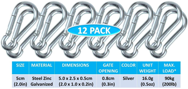 Branded Boards Black & Silver Heavy Duty Bushcraft Zinc-Galvanized Steel Carabiner Spring Snap Clip Link Hooks. 200-400lb Load. 6 Packs, 12 Packs and Variety Packs. Silver-5cm-12 Pack - BeesActive Australia