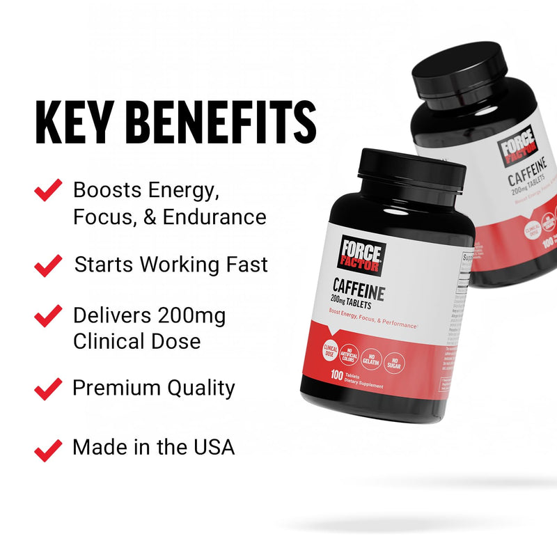 Force Factor Caffeine Pills 200mg, Caffeine Tablets to Boost Energy, Focus, Strength, and Performance, Premium Quality Caffeine Pills and Energy Supplement, 100 Tablets - BeesActive Australia
