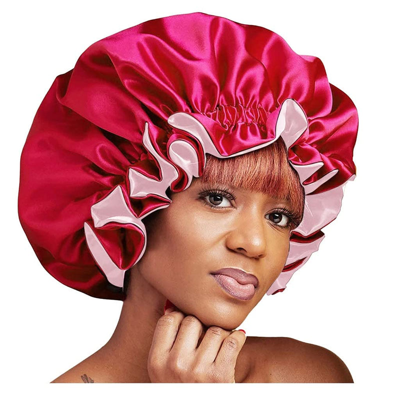 Women Double Layer Satin Bonnet Sleep Cap for Long Curly Hair 2 Color Reversible Adjustable Silky Satin Cap Extra Large (2PC-black+red) 2PC-black+red - BeesActive Australia