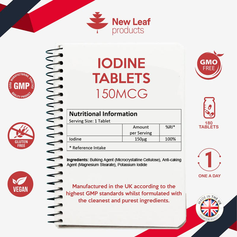 Iodine Tablets 150mcg 180 Vegan High Strength Tablets Iodine Supplements, Natural Source of Iodine from Potassium Iodide, 6 Month Supply, GMO Free, Made in UK by New Leaf 180 Count (Pack of 1) - BeesActive Australia