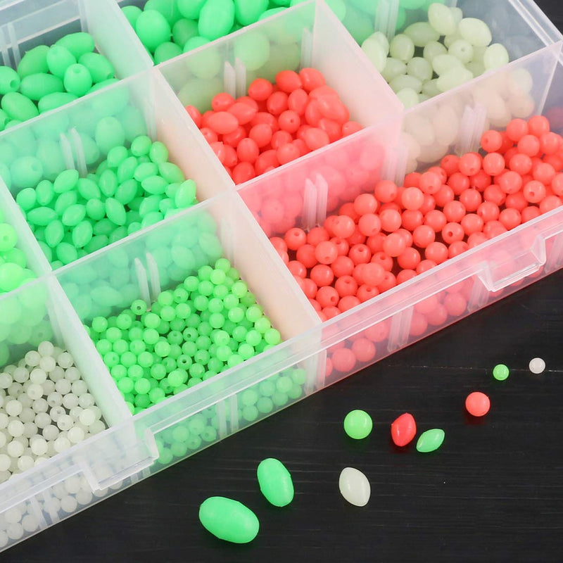 [AUSTRALIA] - Hilitchi 1050 Pcs 9 Sizes All Luminous Fishing Beads Assorted Hard Plastic Oval Round Shaped Glow Eggs for Stream Pool Lake River Fishing (All Glow in The Dark) 