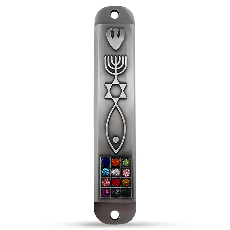 Pewter Messianic Mezuzah Case with Scroll for Door 3D Menorah Star Messianic Seal 12 Tribes of Israel 4 Inch - BeesActive Australia