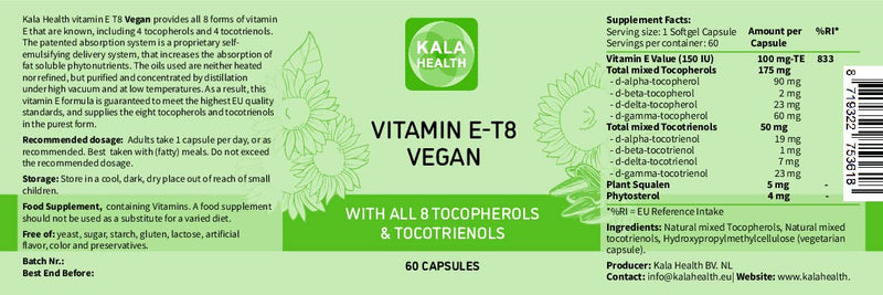 Kala Health Unique Vegan Formula with all 8 Tocopherols and Tocotrienols Vitamin E� 400 IU Contains no PAH�s, Heavy Metals, Contaminants or Preservatives - Certified Sustainable - Hair, Scars and Skin 60 - BeesActive Australia