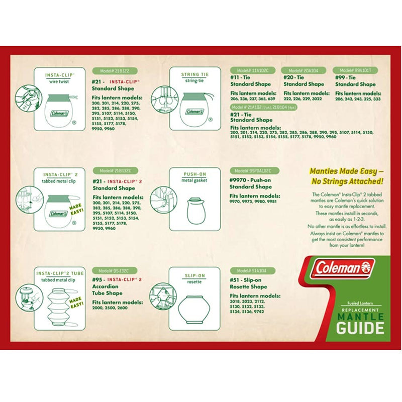 Coleman #95 Insta-Clip Accordion Shape Mantle 2-packs of 2 (4 Total Mantles) - BeesActive Australia