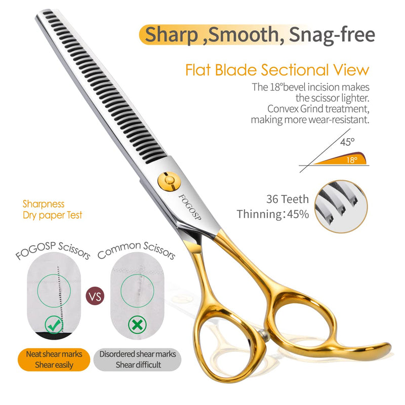FOGOSP Professional Dog Grooming Scissors 7" 7.5 in Curved Grooming Scissors Thinning Shears for Grooming Chunker Straight Dog Grooming Shears For Groomers 6.5" Blender Gold - BeesActive Australia