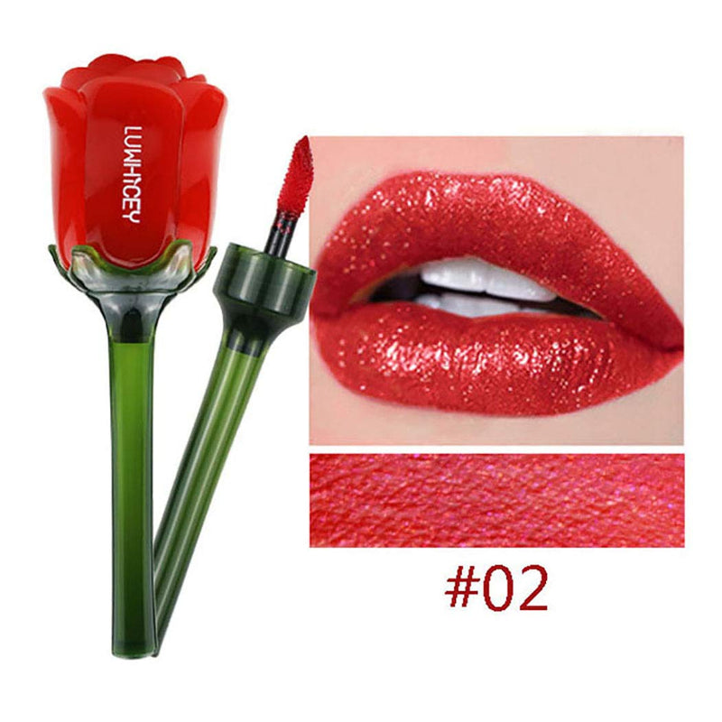 Eyret Glitter Liquid Lipsticks Velvet Long Lasting Lip Glaze Moisturizing Lip Color Valentine's Day Present Rose Flower for Women and Girls(Red 2#) Red 2# - BeesActive Australia