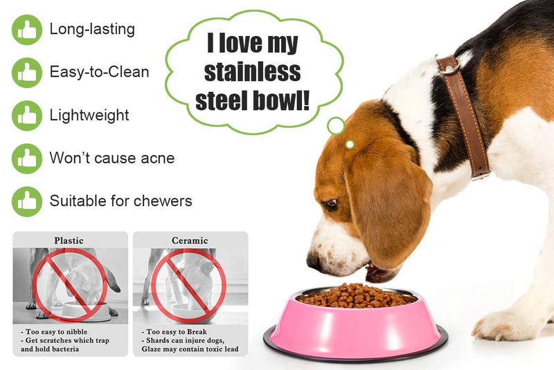 Podinor Stainless Steel Dog Bowls, Food and Water Non Slip Anti Skid Stackable Pet Puppy Dishes for Small, Medium and Large Dogs (2 Pack) 1.5 Cup/12 oz ea. Pink - BeesActive Australia