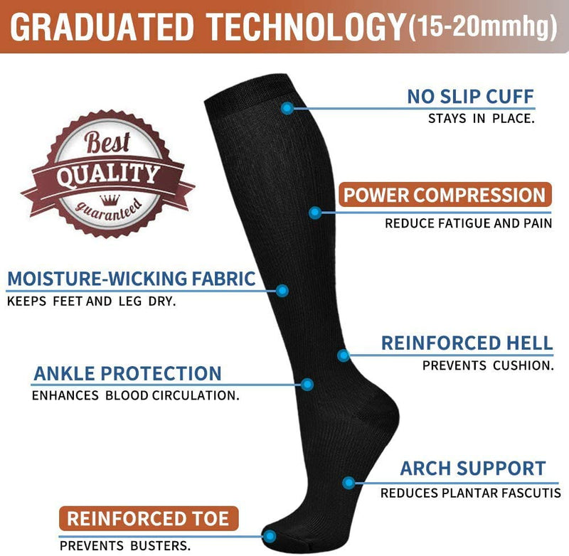 Compression Socks for Men & Women 7 Pairs Circulation 15-20 mmHg-Best support for Athletic, Nurse, Medical, Running Black S-M - BeesActive Australia