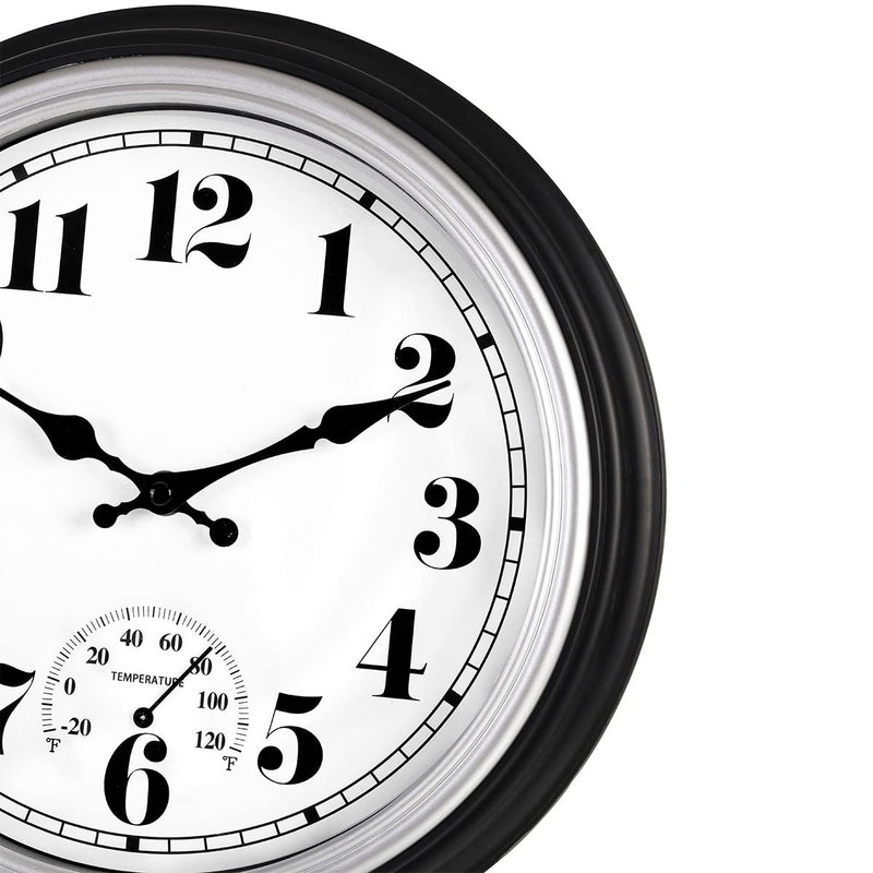 45Min 12 Inch Indoor/Outdoor Retro Round Waterproof Wall Clock with Thermometer, Silent Non Ticking Battery Operated Quality Quartz Wall Clock Home/Patio Decor(Silver F) 12'' Silver F - BeesActive Australia