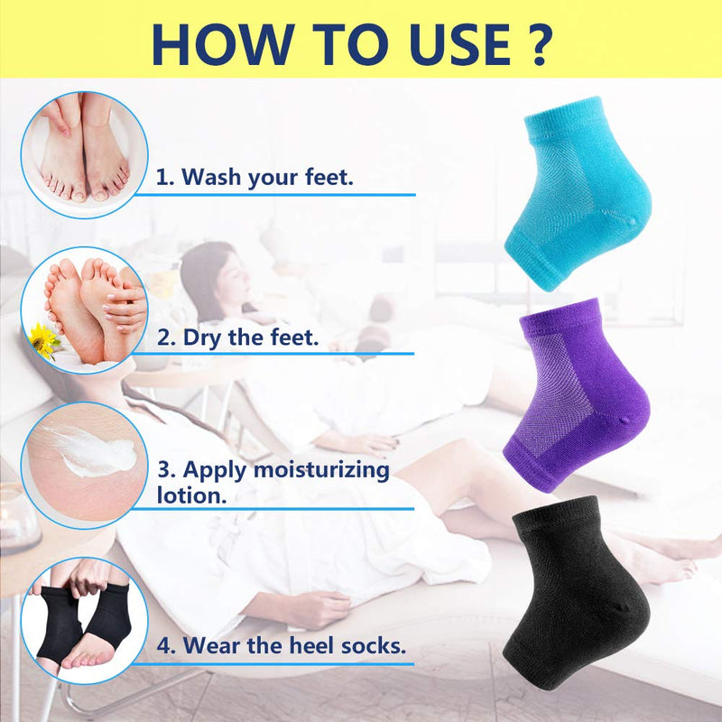 Moisturizing Socks, 3 Pairs-Moisturizing/Gel Heel Socks for Dry Cracked Heels, Open Toe Socks, Ventilate Gel Spa Socks to Heal and Treat Dry, Gel Lining Infused with Vitamins (Blue, Purple, Black) Blue, Purple, Black - BeesActive Australia