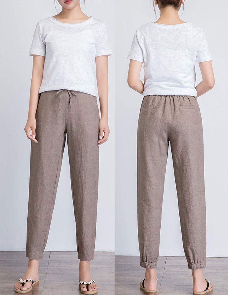 IXIMO Women's Tapered Pants 100% Linen Drawstring Back Elastic Waist Ankle Length Pants Dark Khaki Medium - BeesActive Australia