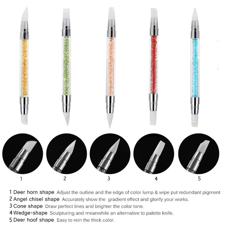 5Pcs/Set 2 Heads Silicone Nail Art Sculpture Pen For Emboss Carving Craft Polish With 5 Colors Rhinestone Handle Chrome Pigment Nail Art Brush 5 PCS Silicone Nail Brush - BeesActive Australia