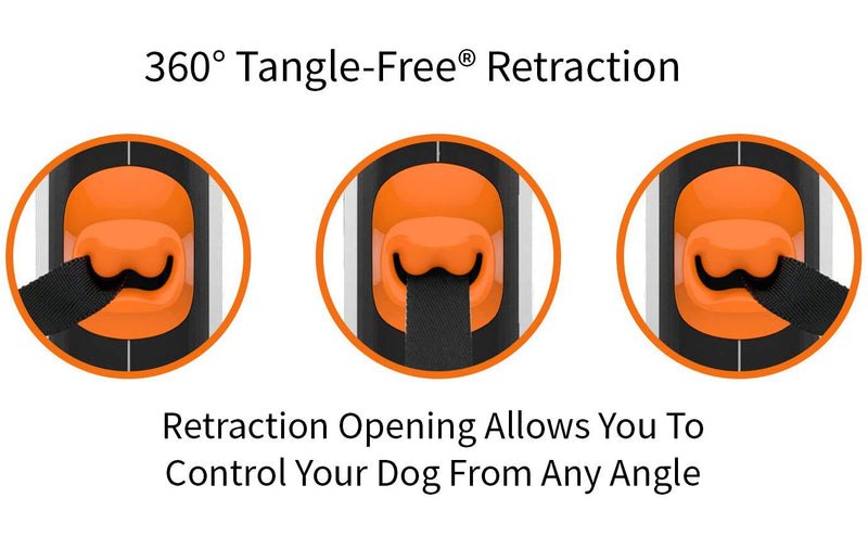 TUG 360° Tangle-Free Retractable Dog Leash with Anti-Slip Handle; Strong Nylon Tape/Ribbon; One-Handed Brake, Pause, Lock Medium White/Orange - BeesActive Australia