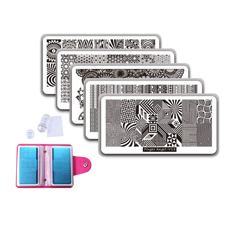 FingerAngel 5Pcs Stamping Plates Mix Designs Retangle Stamp Stamping Image Fashion Design Plate Print Nail Art Template (V17-21(Plate White Backcover)) - BeesActive Australia