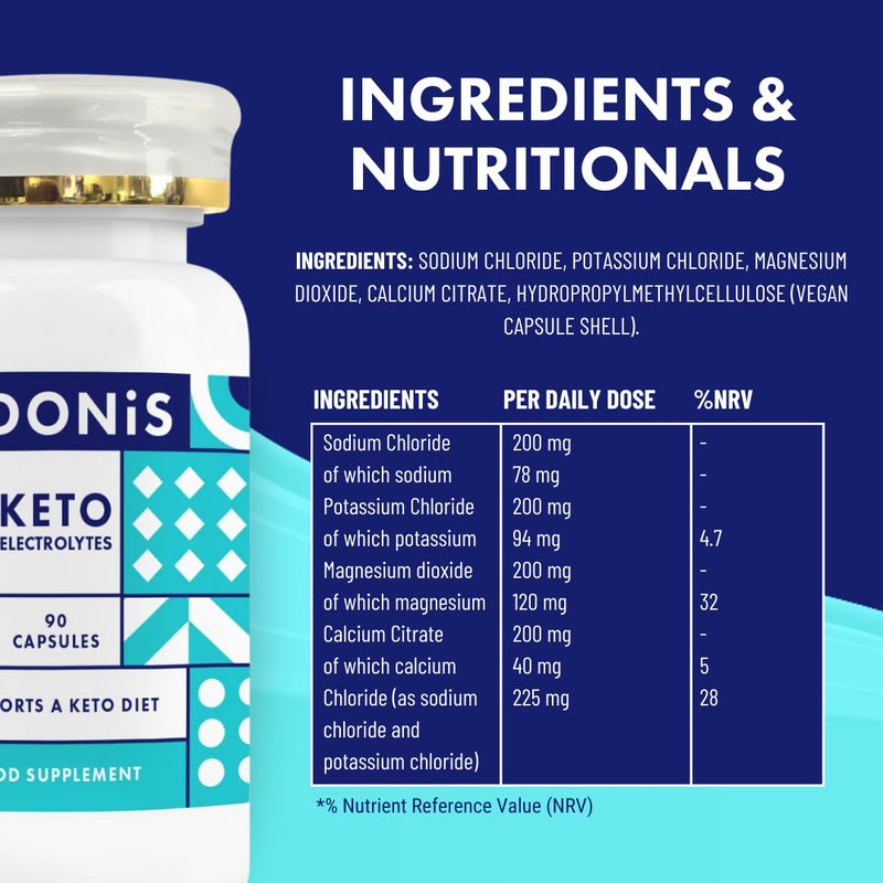 ADONiS Keto Electrolytes Supplement | Sugar-Free & Carb-Free Rehydration | Replenished Essential Electrolytes Like Sodium, Potassium, Magnesium & Calcium | Vegan & Keto-Friendly | 90 Capsules - BeesActive Australia