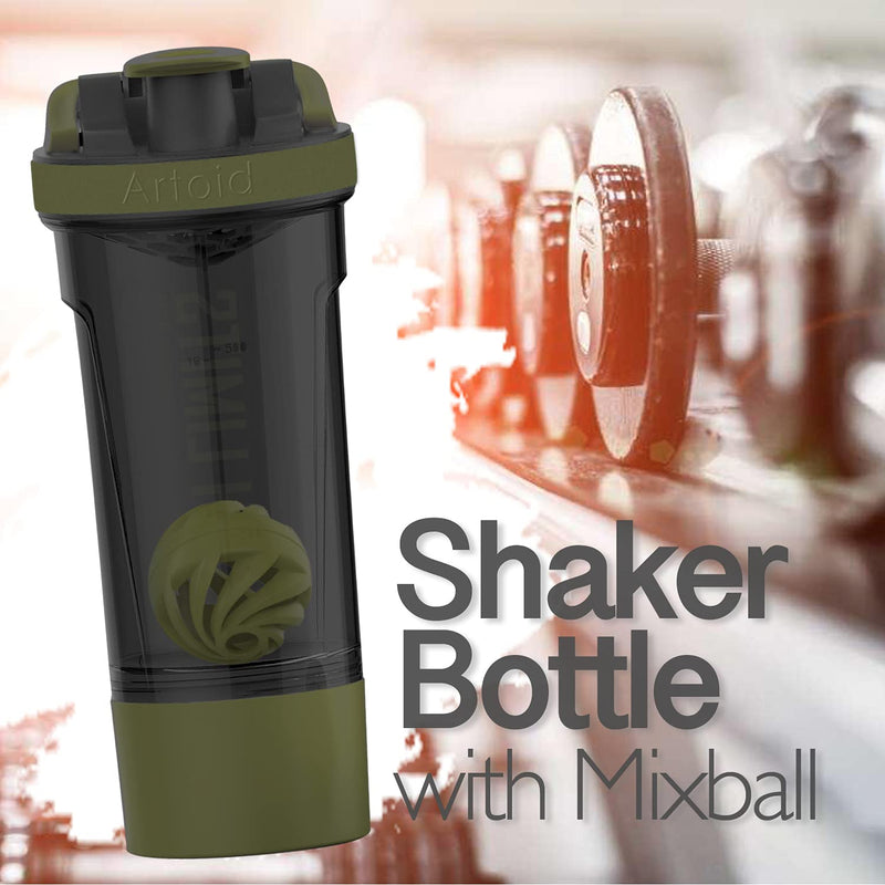 Artoid Mode 720ml Inspirational Sports Fitness Workout Protein Shaker Bottle with Twist and Lock Protein Box Storage, Dual Mixing Technology with Shaker Balls & Mixing Grids - BPA Free Black/Moss Green - BeesActive Australia