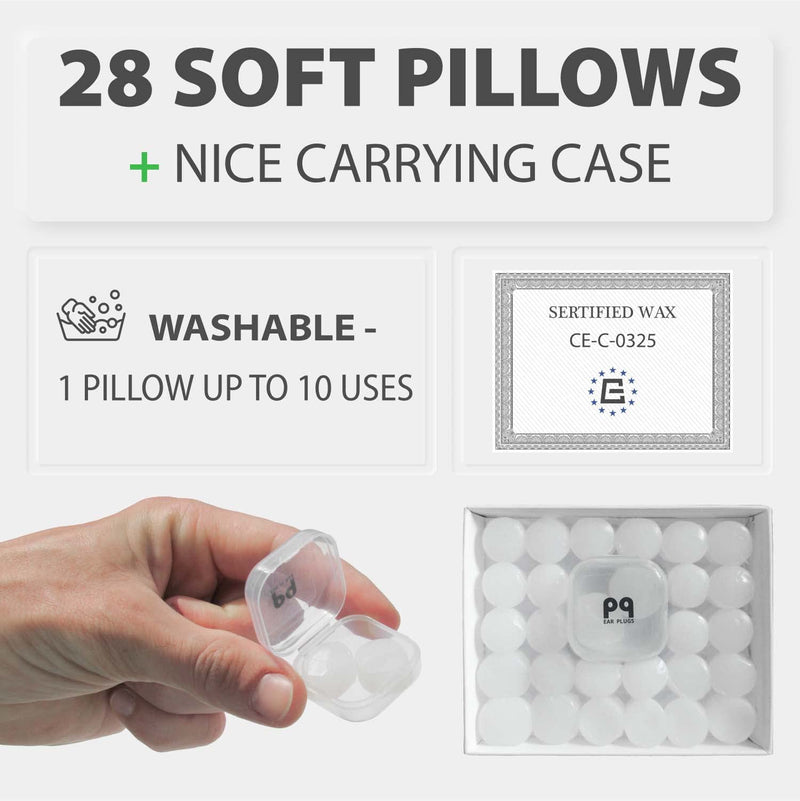 PQ Wax Ear Plugs for Sleep - 28 Silicone Wax Earplugs for Sleeping and Swimming - Gel Ear Plugs for Noise Cancelling & Ear Protection - Sleeping Earplugs with Sound Blocking Level 32 Db, 28 Pillows - BeesActive Australia