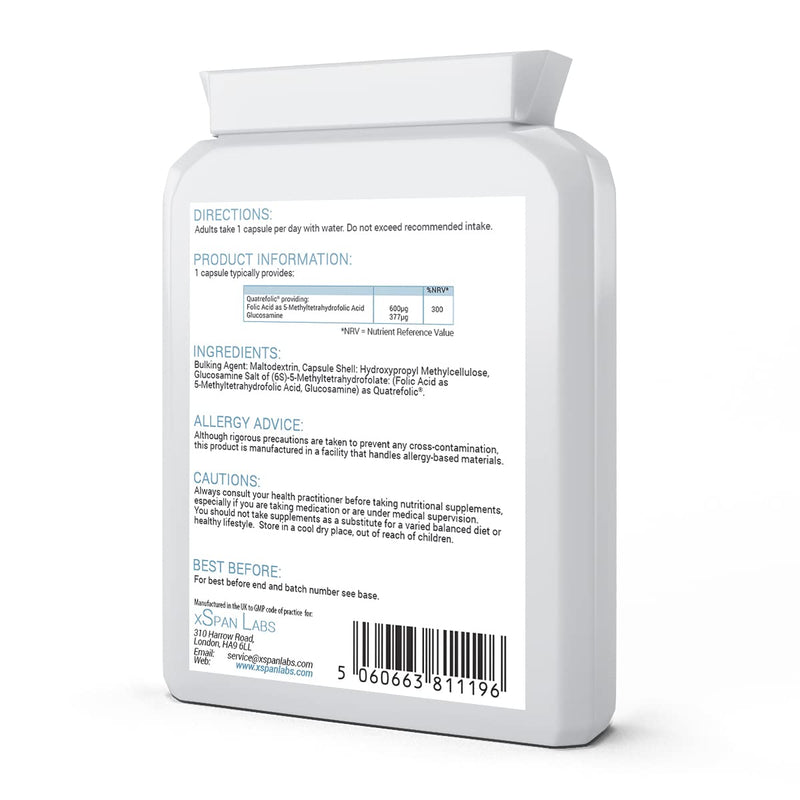 Methyl Folate 600�g - 90 Capsules as Quatrefolic 5-MTHF Supplement 6S-5-methyltetrahydrofolate � The 4th Generation of Folate a Highly bioactive Form of Folic Acid/Vitamin B9 � Made in The UK - BeesActive Australia