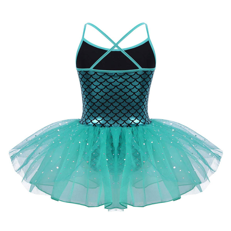 inlzdz Kids Girls Ballet Dance Gymnastic Leotard Tutu Dress Spaghetti Shoulder Straps Fish Scales Sequins Dancewear Lake_blue 3 - BeesActive Australia