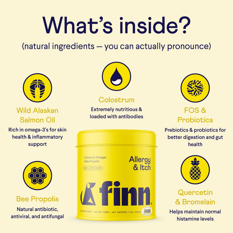 Finn Allergy & Itch Supplement for Dogs | Supports Seasonal Allergies, Itchy Skin, & Immunity | Wild Alaskan Salmon Oil, Bee Propolis & Probiotics | 90 Soft Chews - BeesActive Australia