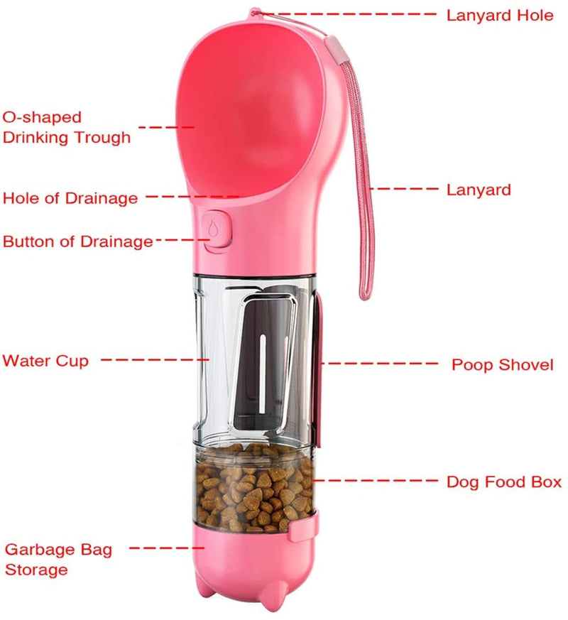 Portable 4in1 Pet Dog Water Bottle with Food Storage, Poop Bag Dispenser and Scoop Pink - BeesActive Australia