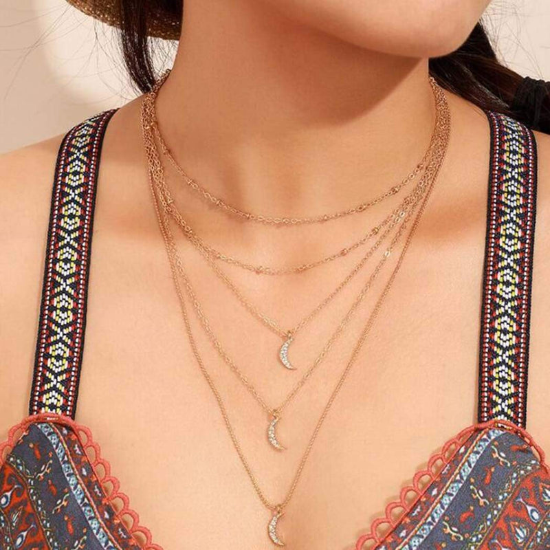 Adflyco Boho Layered Bead Choker Necklace Gold Moon Pendant Necklaces Chain Jewelry Adjustable for Women and Girls - BeesActive Australia