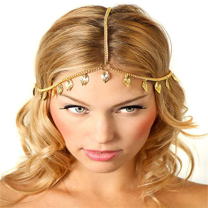 Funyrich Boho Head Chain Gold Leaf Tassel Headband Hair Accessories Costume Headpieces Jewelry for Women and Girls - BeesActive Australia