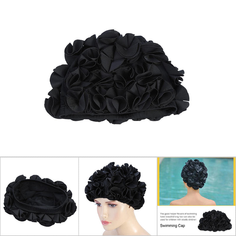 Keenso Flower Swim Hat，Bathing Women Children Retro Floral Flower Fashion Elastic Swiming Hat Long Hair Swim Bathing black - BeesActive Australia