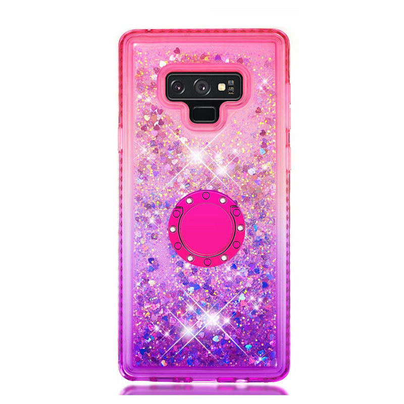 [AUSTRALIA] - Galaxy Note 9 Clear Glitter Liquid Cover Diamond Frame Color-Gradient 360° Ring Kickstand Quicksand Sparkle Moving Flowing Heart Shock Resistant TPU Bumper Protector for Samsung Galaxy Note 9 Pink 