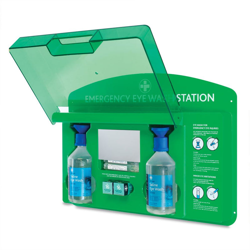 RELIANCE MEDICAL REL919 Complete Emergency Eye Wash Station with 20ml Pods/500ml Bottles/Eye Pads/Mirror & Reliwash Saline Eye Wash Pods 25 x 20ml 1 Count (Pack of 1) REL919 + Eye Wash Pods (Pack of 25) - BeesActive Australia
