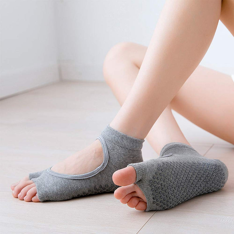 2 Pairs Open Toe Yoga Socks for Women Non Slip Grip Sock for Pilates Sports Grey and Black - BeesActive Australia