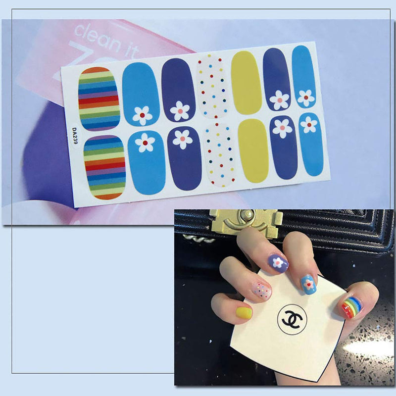 SILPECWEE 6 Sheets Rainbow Nail Polish Stickers Strips Set and 1Pc Nail File Flower Adhesive Nail Art Wraps Decals Tips Manicure Decoration No5 - BeesActive Australia