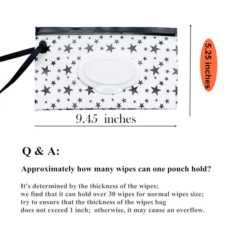 Portable Baby Wet Wipe Pouch Bags, Reusable & Refillable Wipes Dispenser, Eco Friendly & Lightweight Travel Wet Wipe Holder (2 Pack, Black Star) - BeesActive Australia
