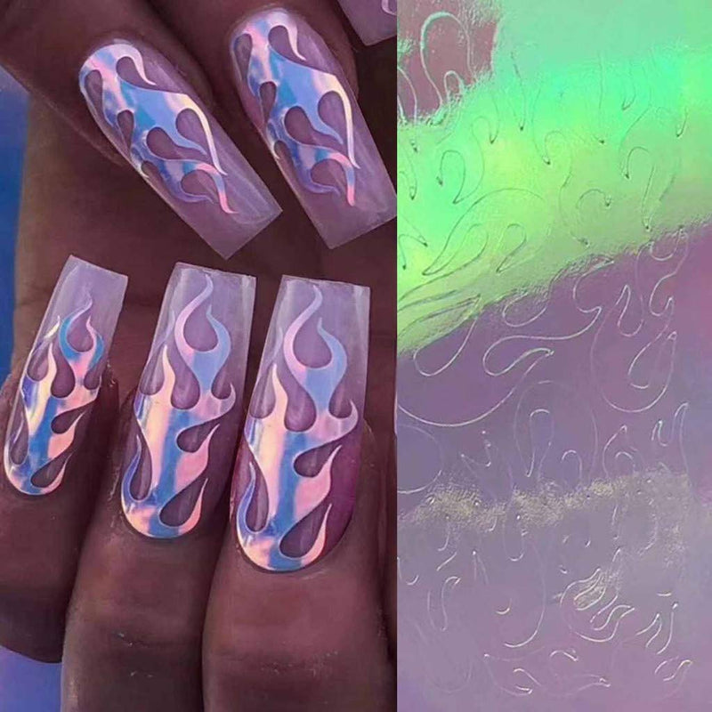 New Trend Halloween Holographic Fire Flame Nail Art Decals,Flame Reflections Nail Stickers - DIY Nail Foils Tape Adhesive Decoration 16PCS - BeesActive Australia