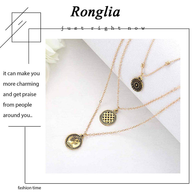 Ronglia Vintage Layered Disc Pendant Necklace Gold Beaded Medal Choker Necklaces Chain Jewelry for Women and Girls - BeesActive Australia