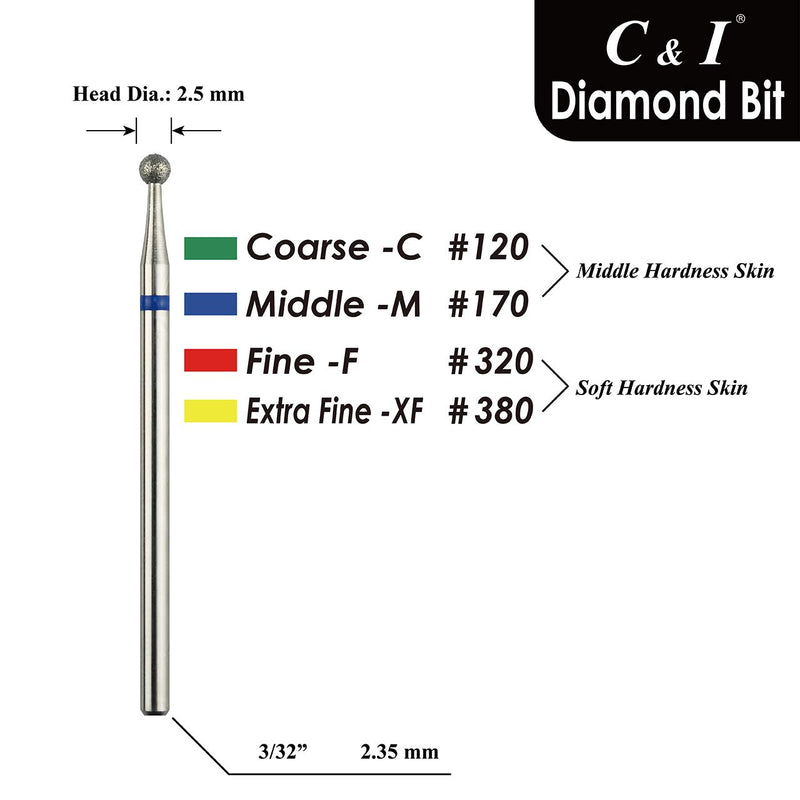 C & I Diamond Nail Drill Bit, Ball Shape Head E-File, Professional Cuticle Clean Drill Bit, Improved Diamond Powder plus Tungsten Carbide Shank 3/32” (2.35 mm) (2.5 mm, Middle -M) 2.5 mm, Middle -M - BeesActive Australia