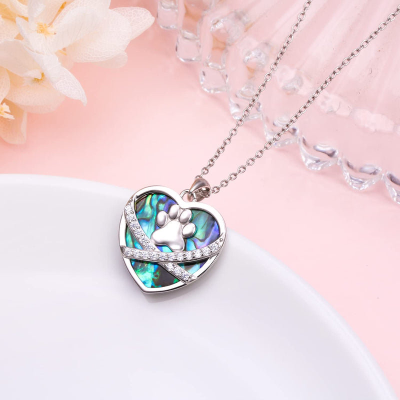 S925 Sterling Silver Puppy Dog Cat Pet Paw Print Love Heart Pendant Necklace 18 inches Pet Paw Print-Abalone Shell - BeesActive Australia