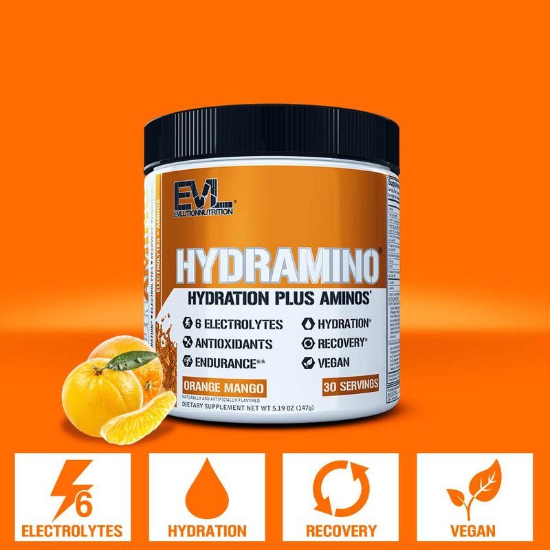 Evlution Nutrition HYDRAMINO Complete Hydration Multiplier, All 6 Electrolytes, Vitamin C & B, Fluid Boosting Aminos, Coconut Water, Endurance, Recovery, Antioxidants, 30 Serve, Orange Mango - BeesActive Australia